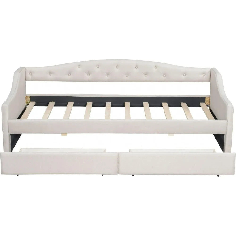 Linen-Covered Twin XL Daybed with Storage Drawers, LED Lighting, and Solid Wood Slat Support for Guest Rooms