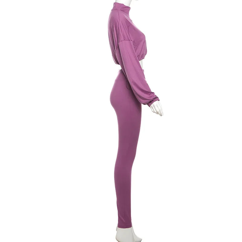 XTOCEAN Autumn Casual Women 2 Piece Set Classic Solid Long Sleeve Drawstring Zip-up Coats + Slim Pants, Female Basic Sporty Outfits
