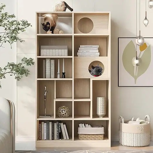 5-Tier Pet-Themed Bookshelf: Stylish Furniture with Cat-Friendly Tree Shelves and Round Hollow Door