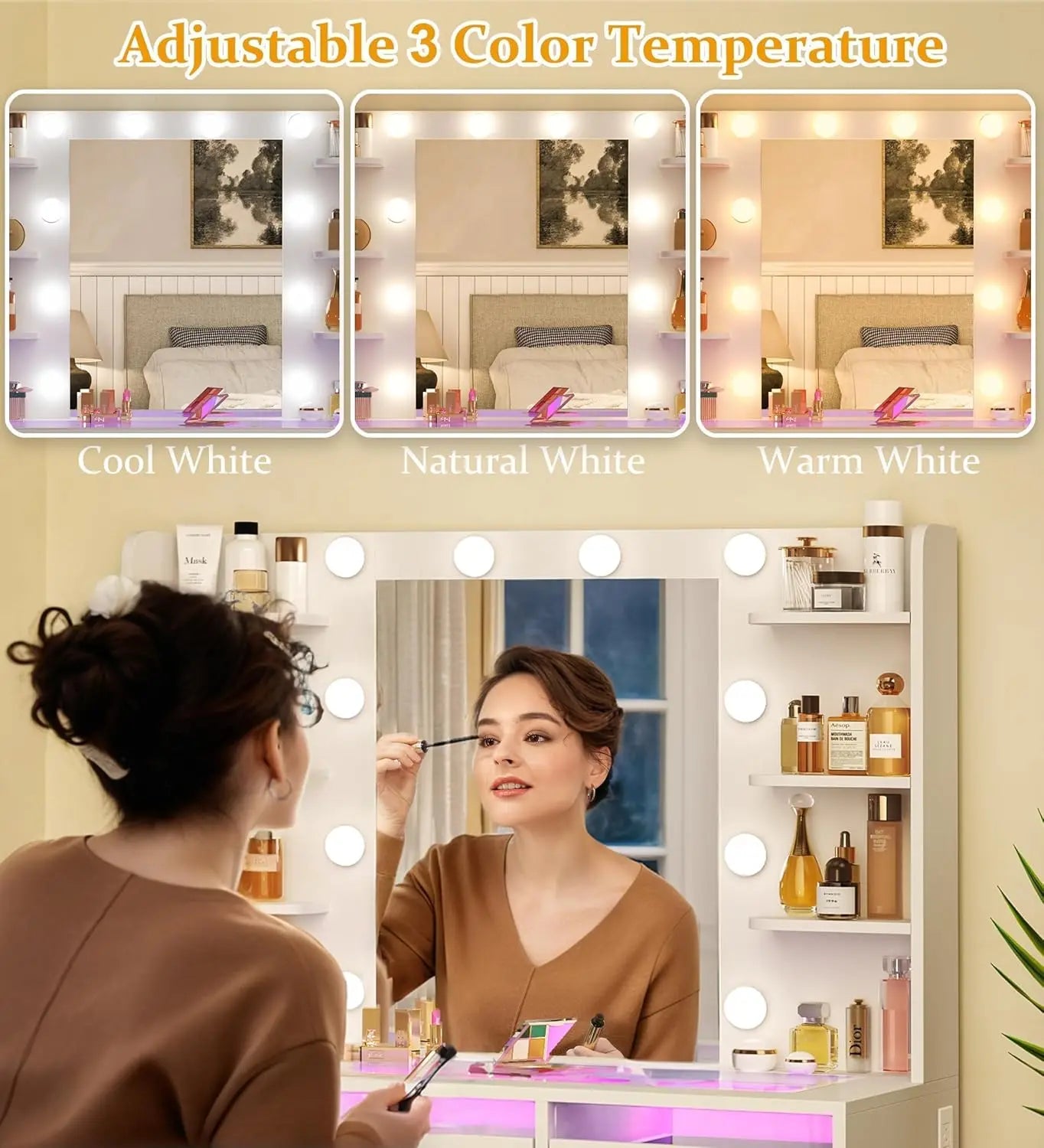 Vanity Desk with Mirror and Lights, Makeup Vanity Desk with Lights 3 Colors, Transparent Top Vanity with 2 RGB Drawers, 6 Shelve