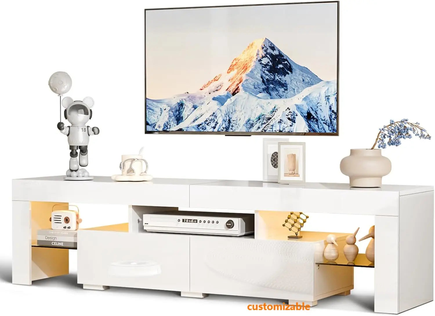 63'' High Glossy Modern Entertainment Center with LED Lights and Storage for 55/60/65/70 Inch TV (White, 63'' x 14'' x 18'')