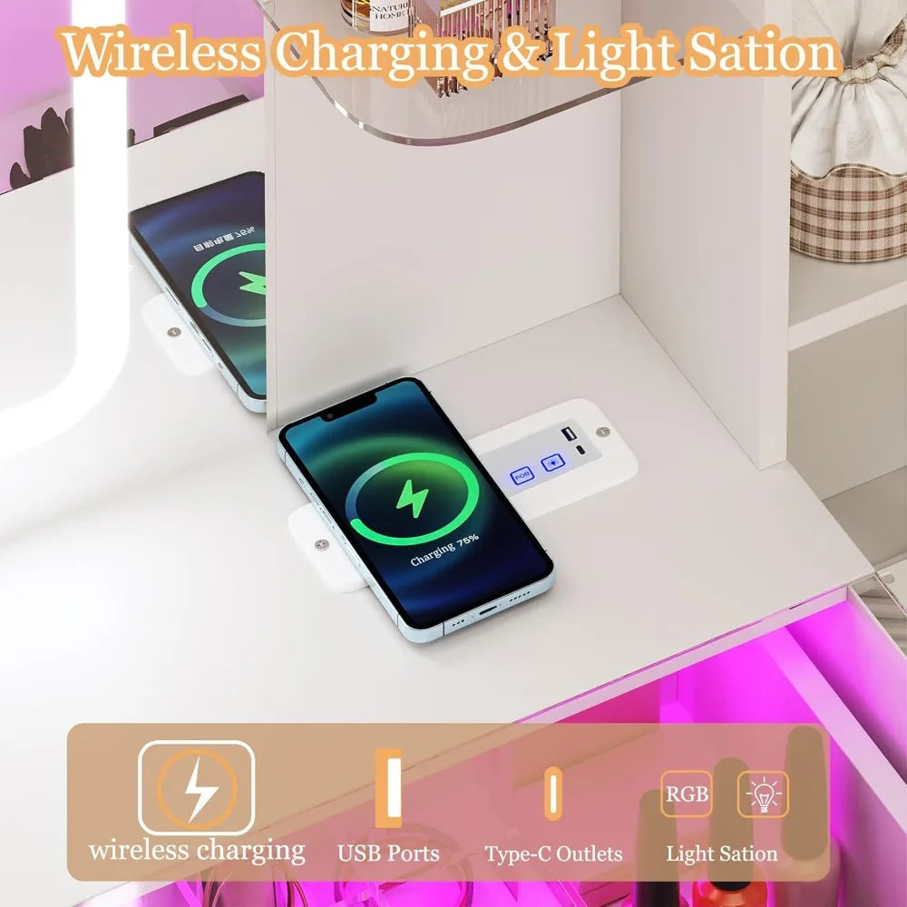 Luminated 43" Makeup Vanity Desk with Glass Surface and Wireless Charging, Featuring LED Drawers in 3 Color Options