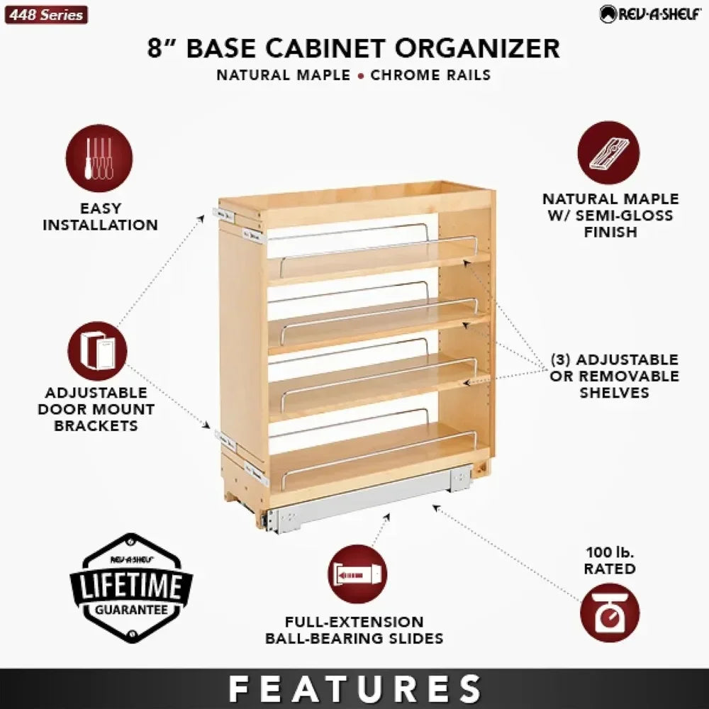 Rev-A-Shelf 8" Pullout Kitchen Cabinet Storage Organizer/ Slide Out Pantry Spice Rack with Adjustable Shelves for 8.5" W Cabinet