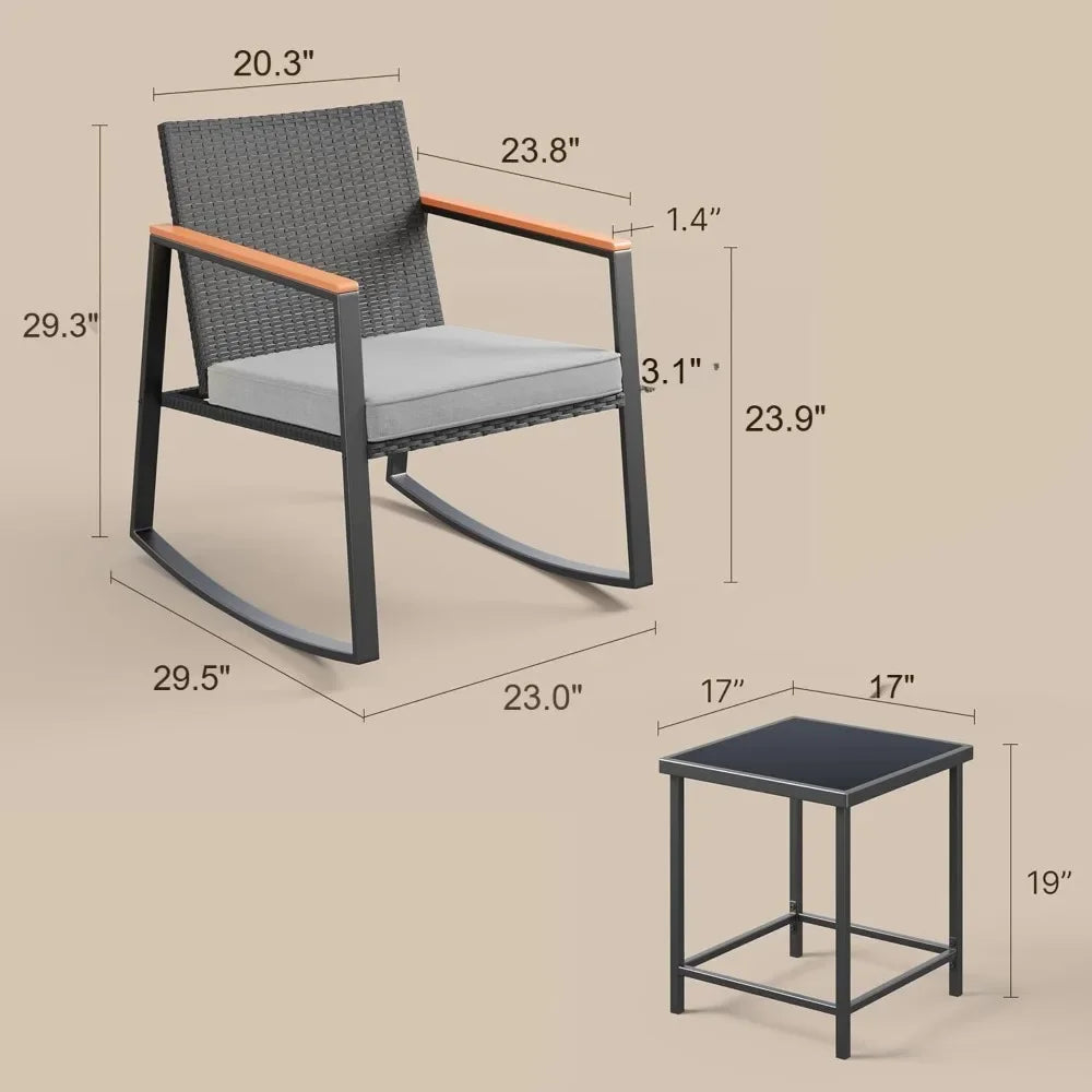 3 Pieces Rocking Patio Bistro Set with Anti-Scald Armrest, Outdoor Patio Wicker Furniture Set with Glass Table and Cushion for