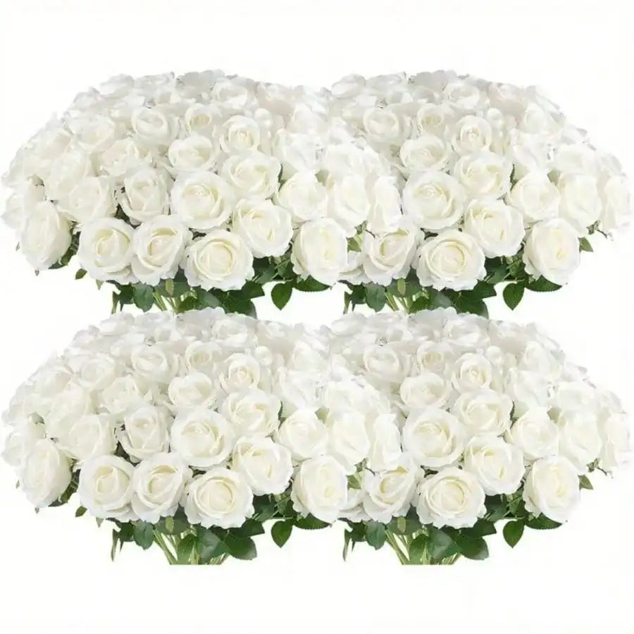 50/25/5 Pcs White Artificial Roses With Stems & 6 Corner Leaves, Realistic Fake Rose Flowers, DIY Wedding Bouquet, Bridal Gift, Table & Home Decor, Elegant Floral Arrangements, No Vase Needed