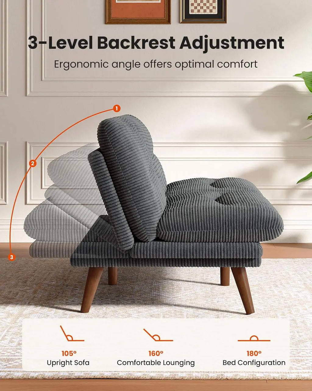 Futon Sofa Bed, Couch with Adjustable Backrest & Armrests, Convertible Futon Sofa Couch