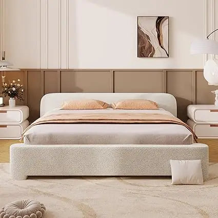 Queen Size Upholstered Bed Frame with Headboard, Boucle Fabric Platform Bed Base, Wood Support Bed