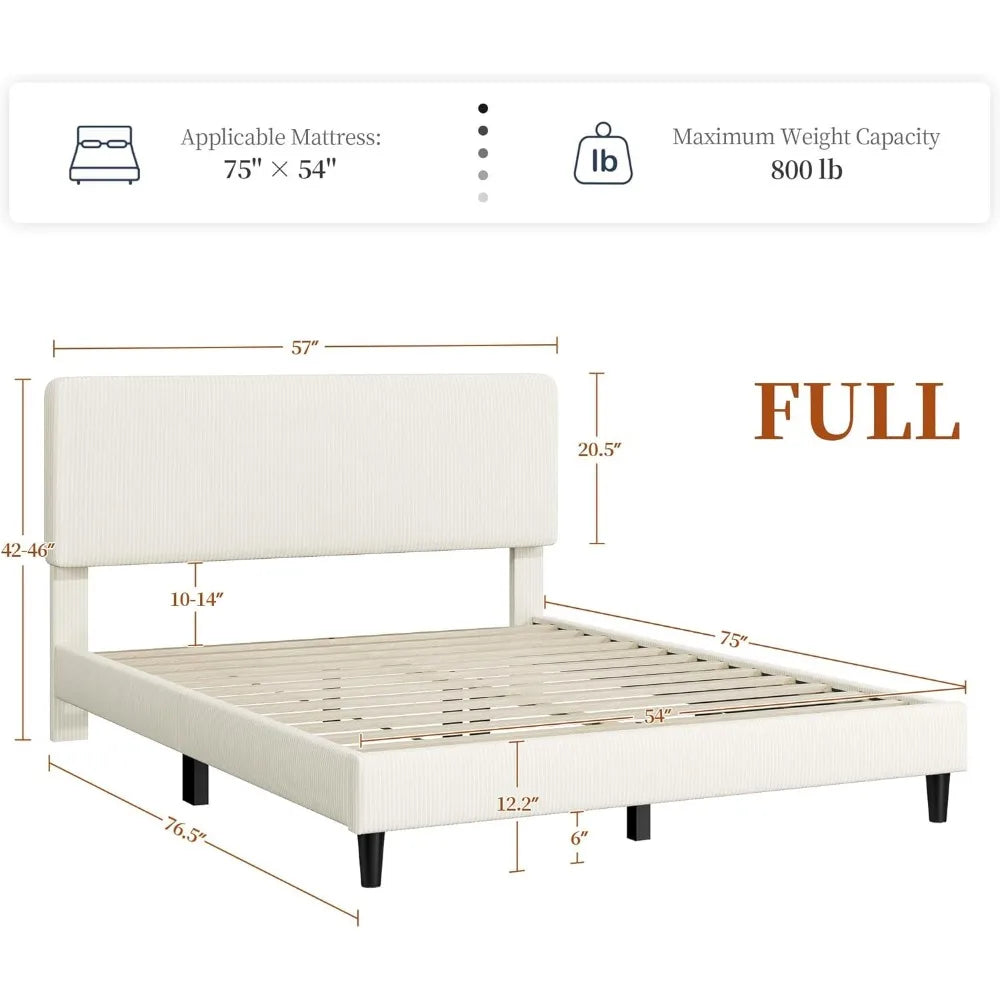 Full Size Bed Frame with Adjustable Headboard, Chenille Fabric Upholstered Headboard