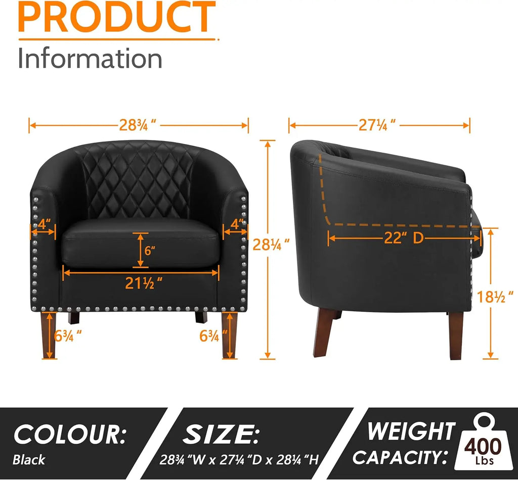 Barrel Chair Set of 2, Comfy Accent Chair, Faux Leather Club Chairs with Cushion, Nail Head Trim, Black