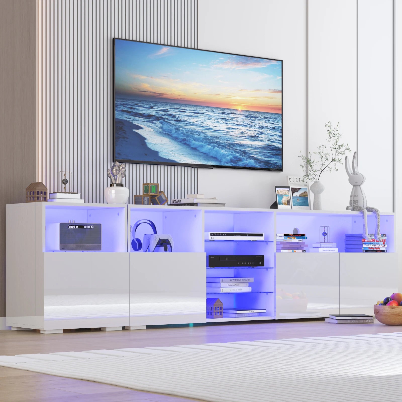 79" LED TV Stand for 75/80/85" TV,  High Gloss TV Cabinet w/Adjustable Storage Shelf, Modern Entertainment Center, White/Black