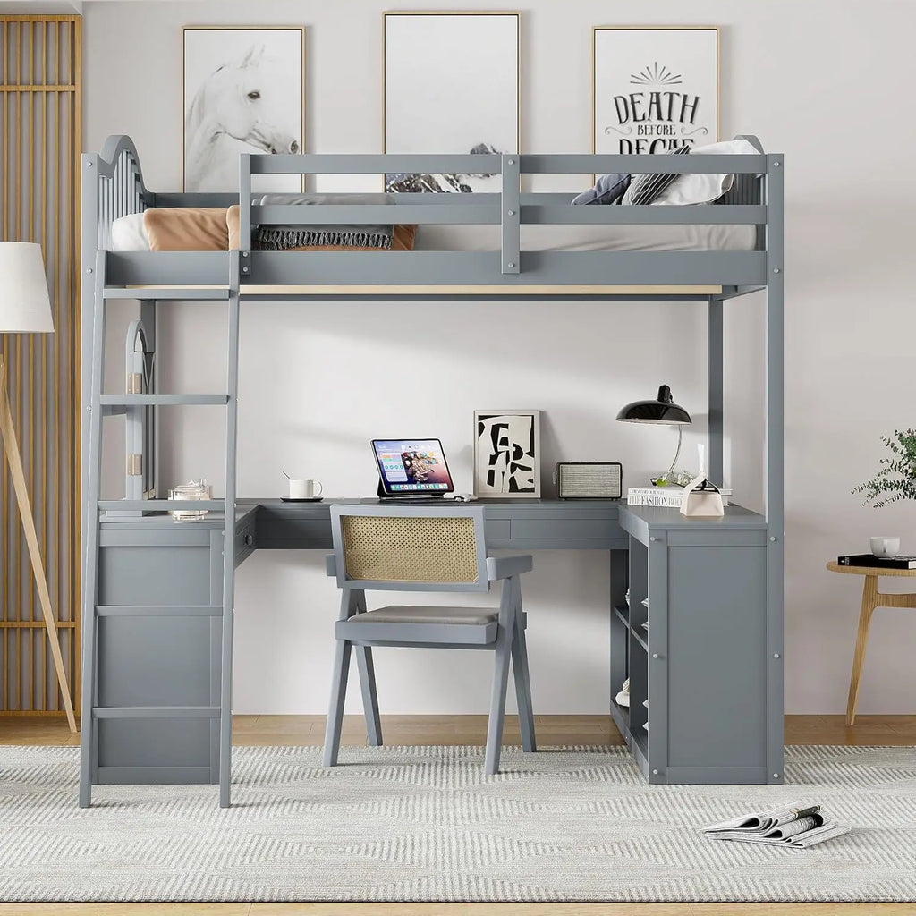 Full Size Loft Bed with U-Shaped Desk, Storage Shelves, Tri-Fold Mirror for Kids Teens (Gray)