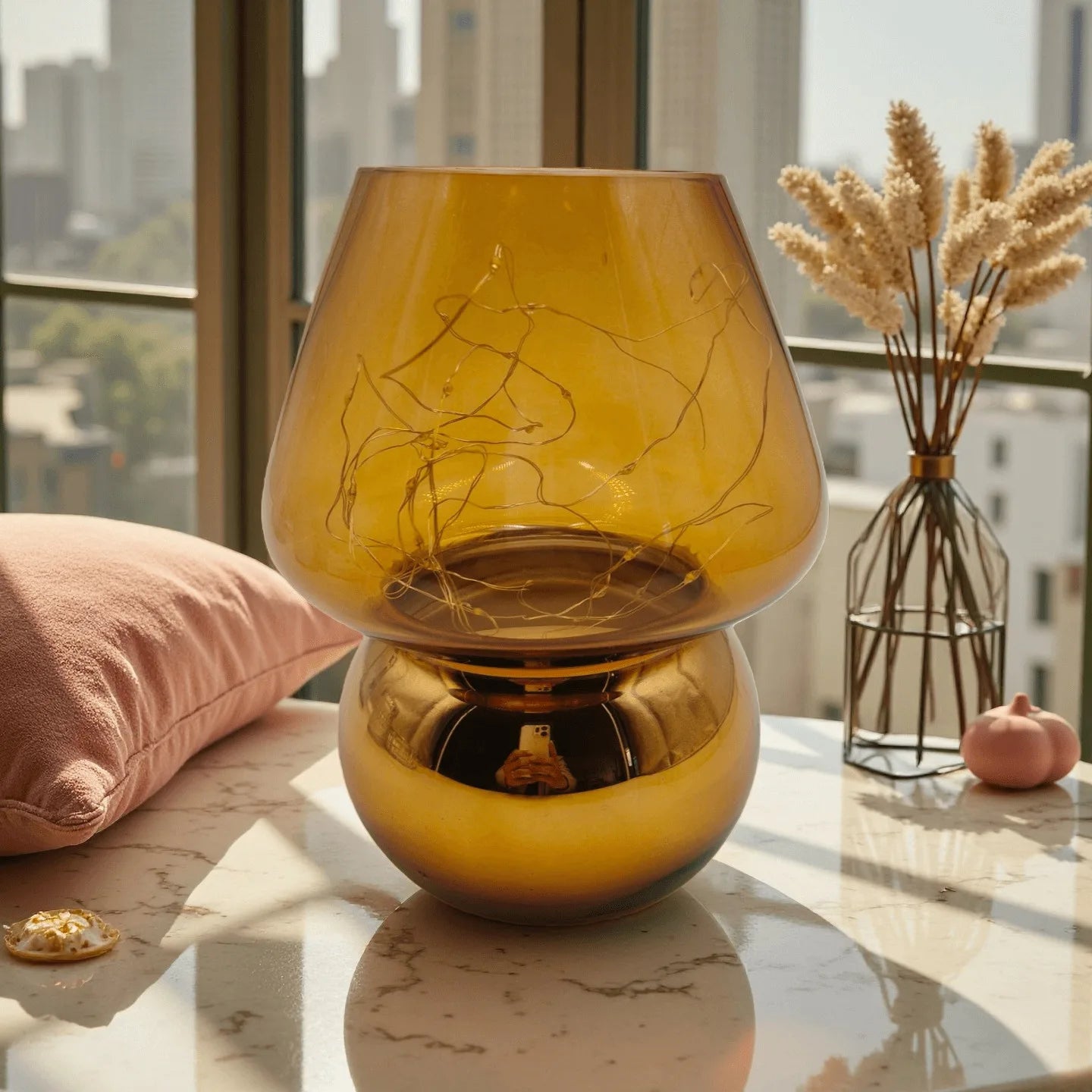 Glass Mushroom Table Lamp/ Battery Operated, Cute Mushroom Shaped LED Fairy Light, Portable Mini Glass Night Light for Bedroom Decor/ Corner Ambient Lighting, Battery Powered (Battery Not Included)