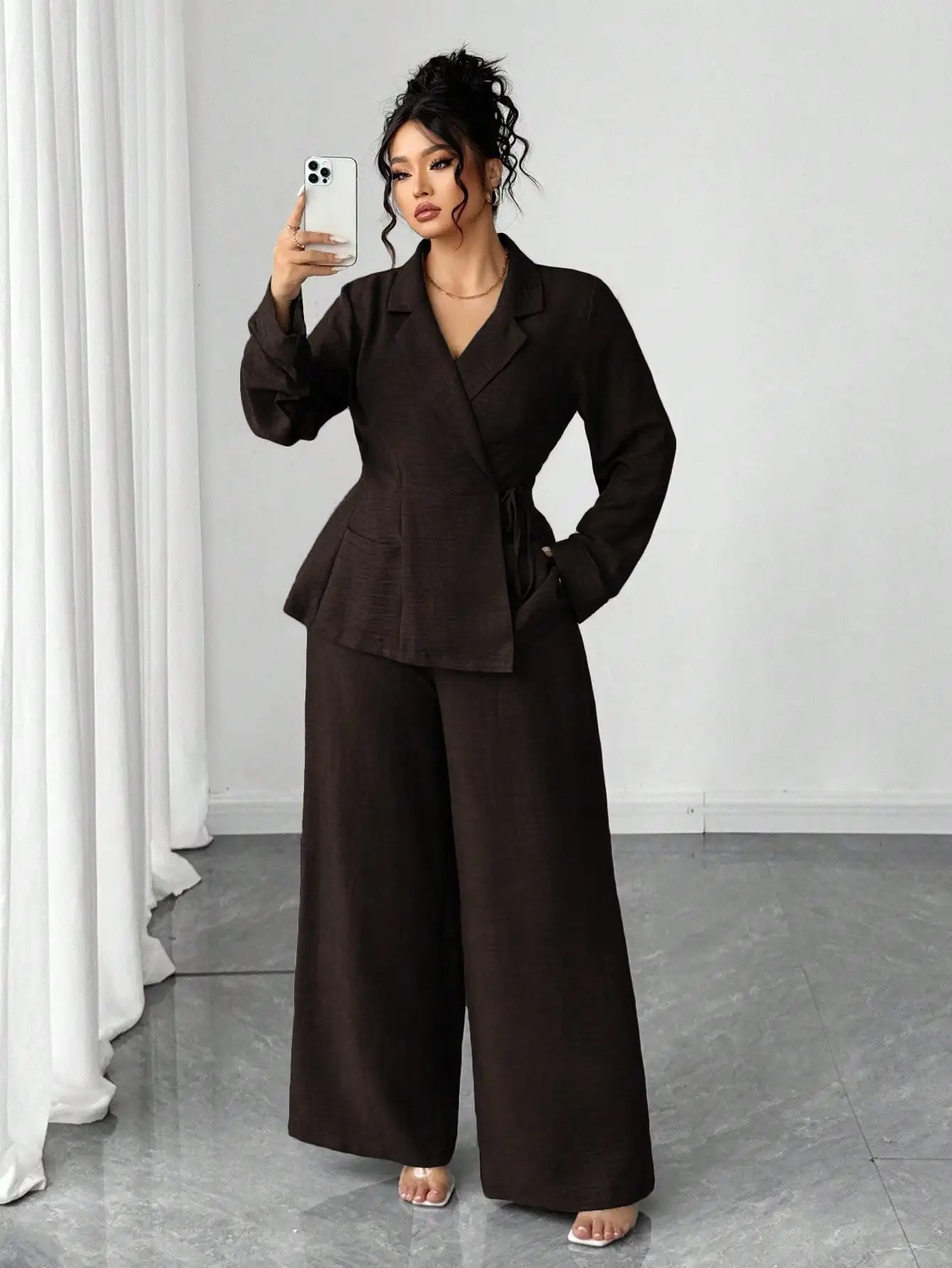 Olive Green Linen Two-Piece Suit for Women - Wrap Blazer with Tie Waist & Wide Leg Pants, Plus Size Office/ Casual Set