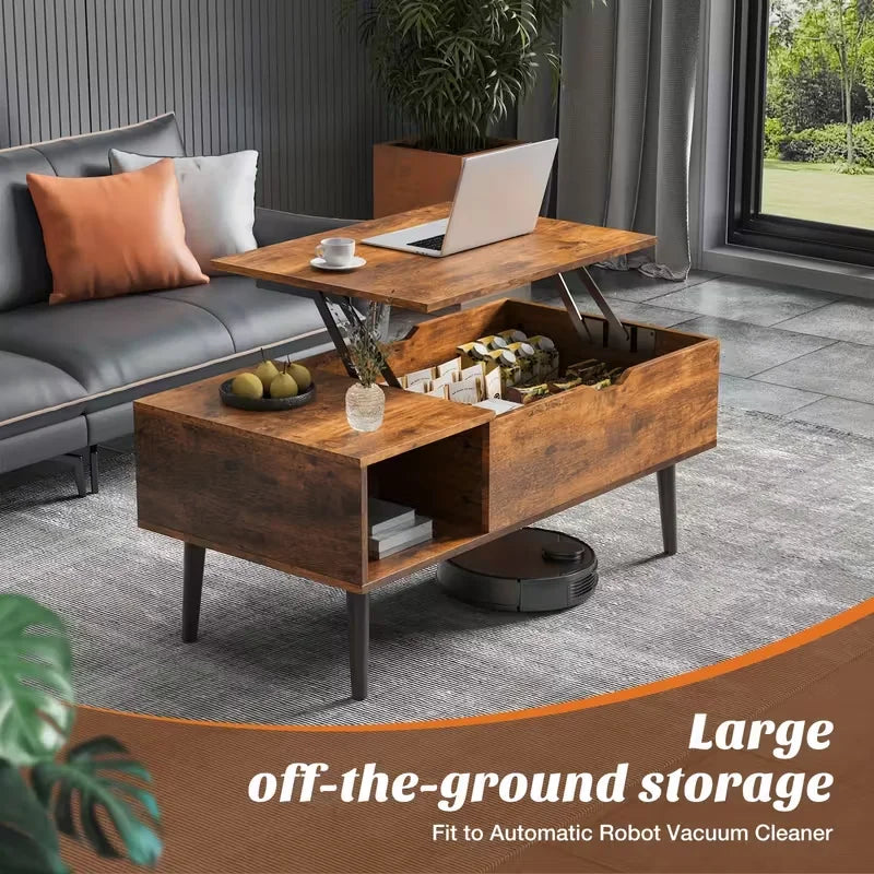 Coffee Table For Living Room, Coffee Table, Small Rising Wooden Dining Center Table With Storage Shelf & Hidden Compartment
