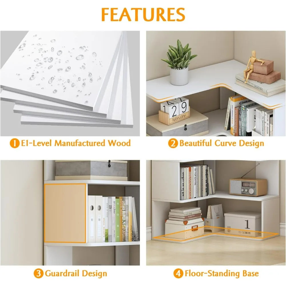 White 66" High 6-Tier L-Shaped Wooden Corner Bookshelf with Open Shelves