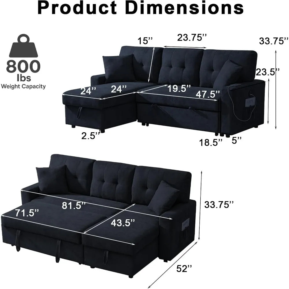 Modern L-Shaped Sofa Bed with Reversible Storage Chaise, Black Convertible Sectional Sofa featuring USB Ports and 3-in-1 Sleeper