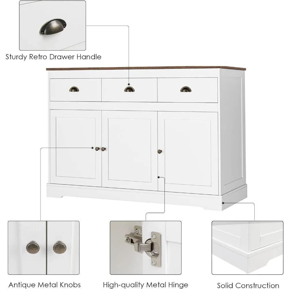 White Buffet Farmhouse Cabinet Storage Sideboard, Bar Wine Cabinet with 3 Drawers & 3 Doors Adjustable Shelves