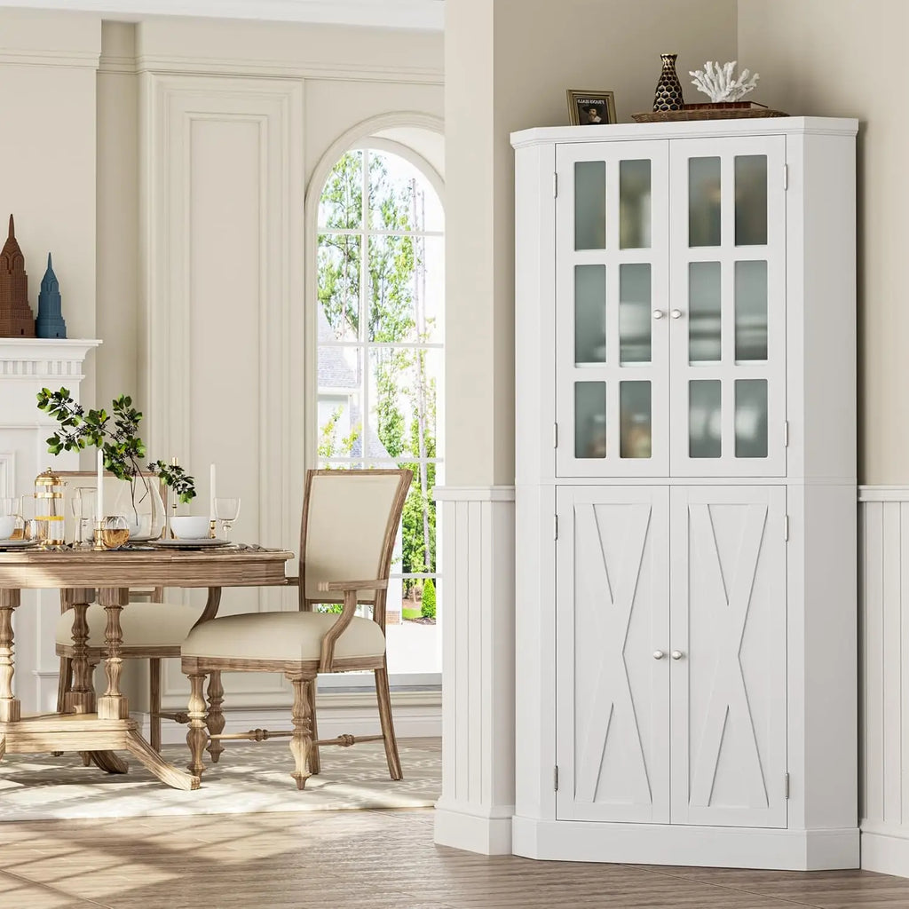 67" Corner Cabinet, Corner Kitchen Pantry with Doors, Farmhouse Kitchen Cabinet with 6 Storage Shelves, Space Saver
