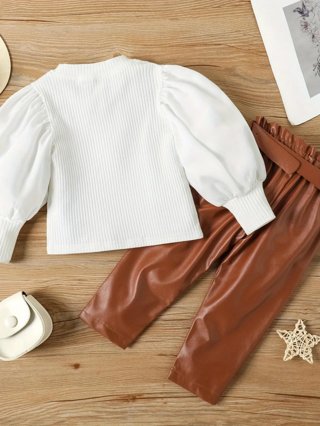 Girls Fall/Winter Casual Outfit Set - Long Sleeve Ruffled Blouse + Brown Belted Pants + White Ankle Boots