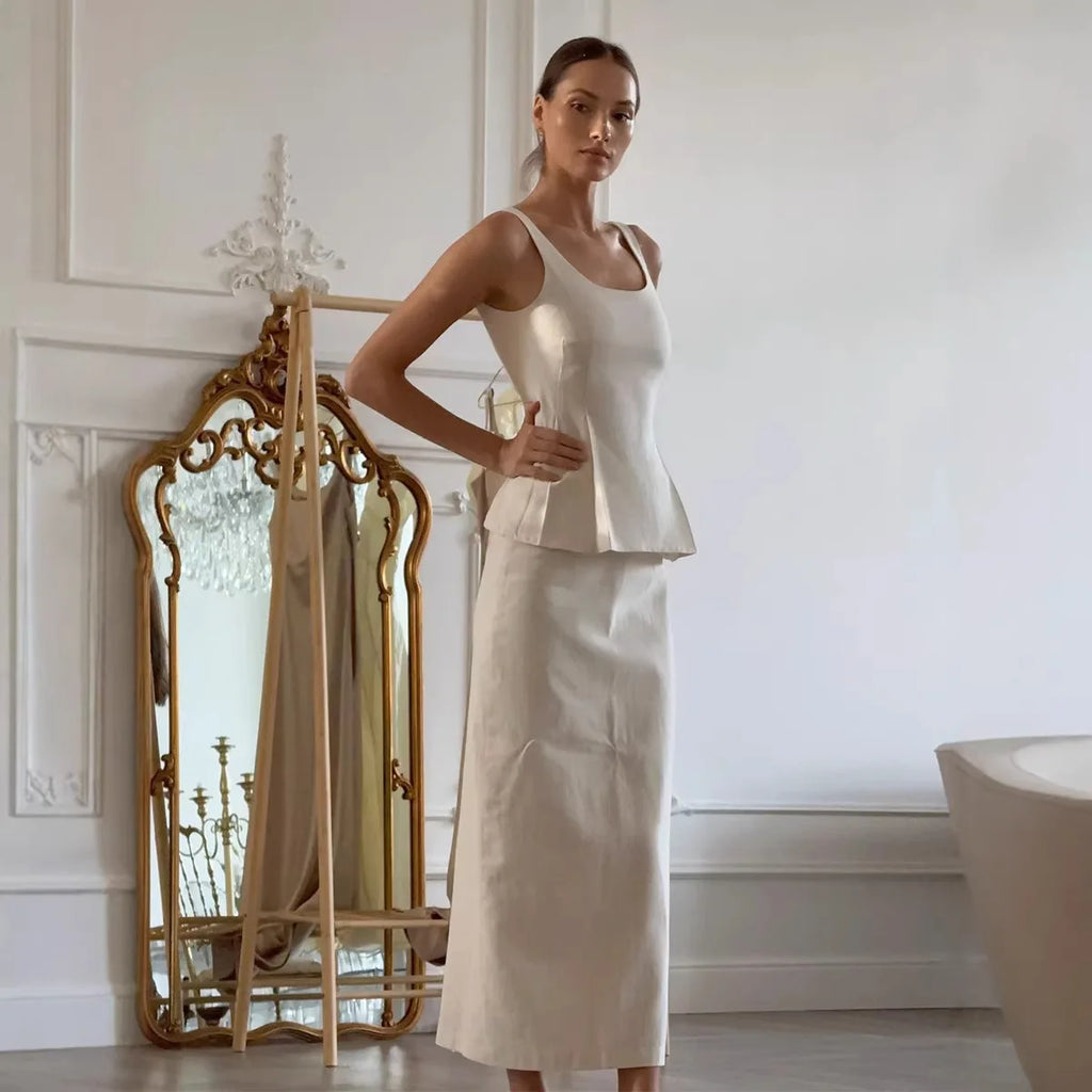 Bornlades 2026 Spring New Cotton Strap Skirt Set Summer Style Thin Belt Waist Top and Fishtail Skirt Long Skirt Set