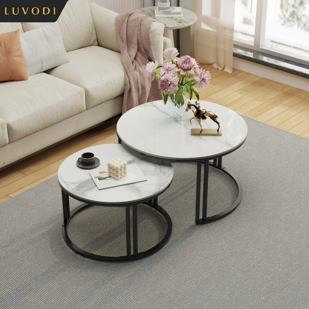 Small Living Room Furniture Table 2 Pack Round Marble Nesting Center Coffee Table Sofa Side Tea Desk Space-saving