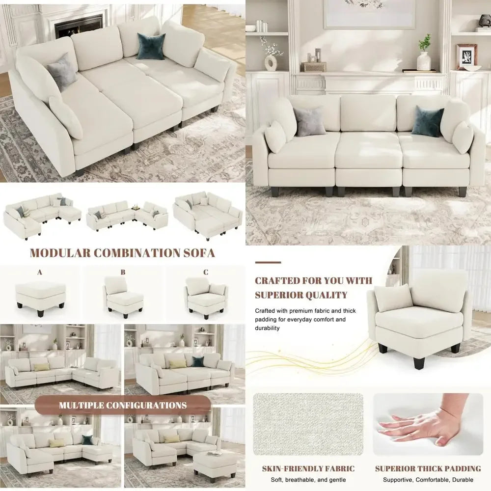 6-Seater Beige Sectional Sleeper/Sofa with Comfortable Modular Couches and Convertible Sofas Featuring Ottoman Storage