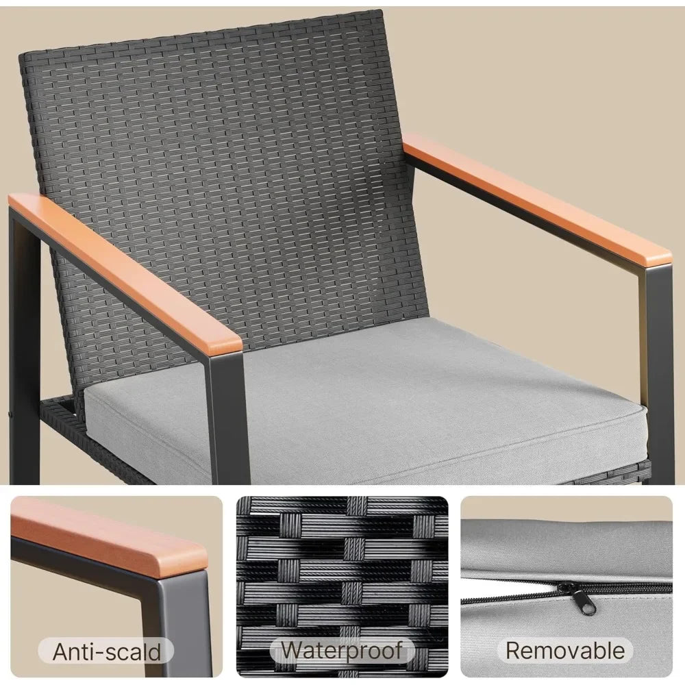 3 Pieces Rocking Patio Bistro Set with Anti-Scald Armrest, Outdoor Patio Wicker Furniture Set with Glass Table and Cushion for