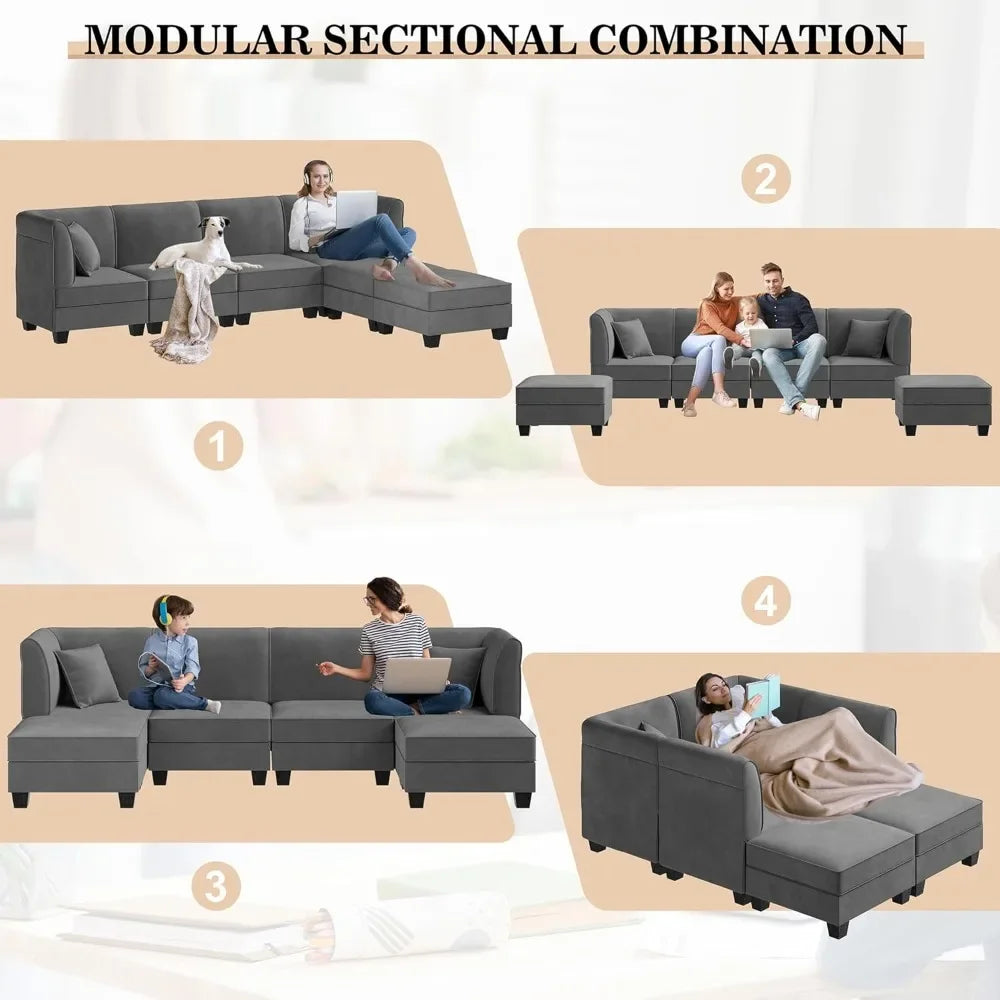 Large 6-Seat Velvet U-Shaped Sectional Sofa with Reversible Chaise, 116" for Living Room