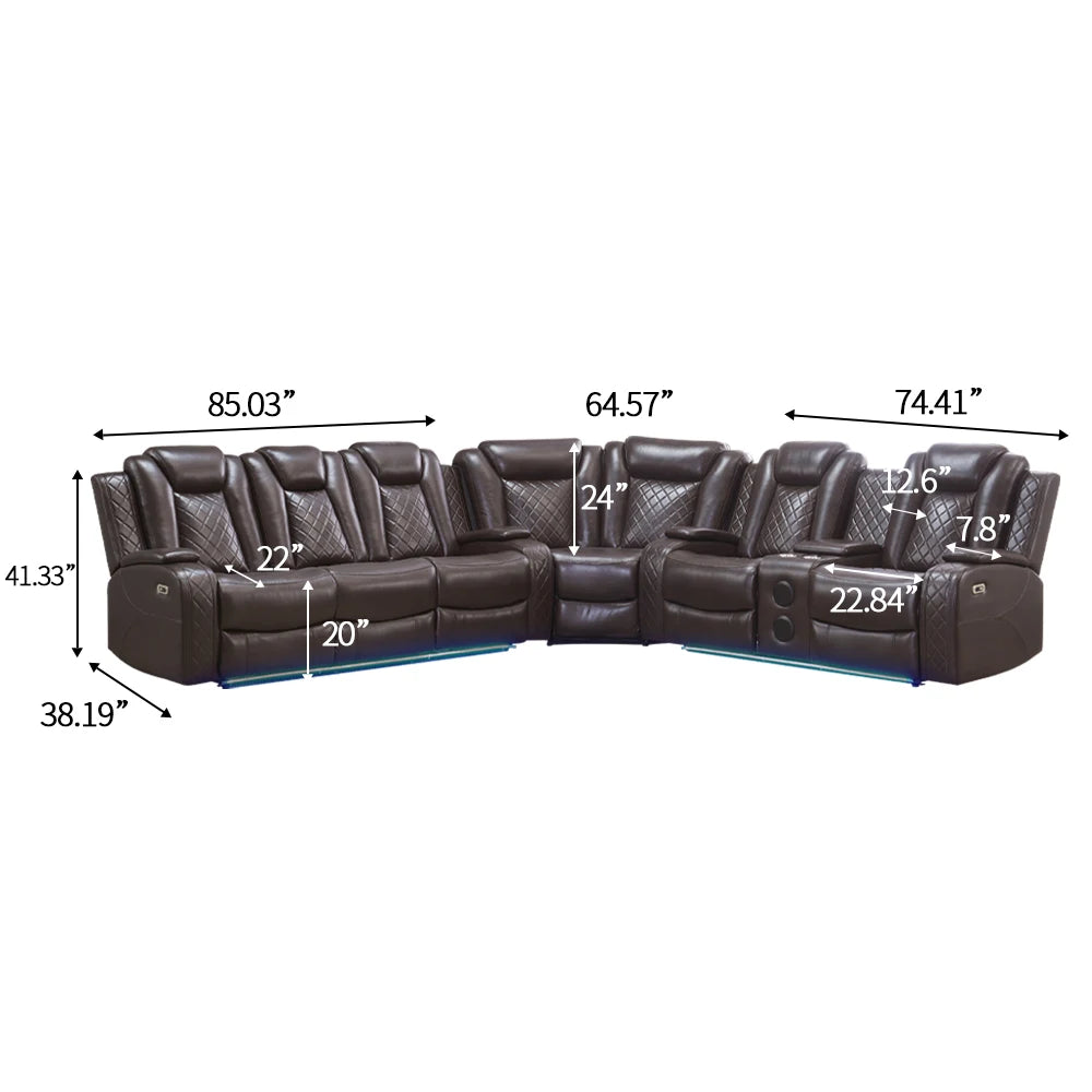 Power Reclining Sofa Couch with Wireless Charger/ 3 Seater Recliner/Reading Light Leather/ Bluetooth Speaker/ Theater Seating LED