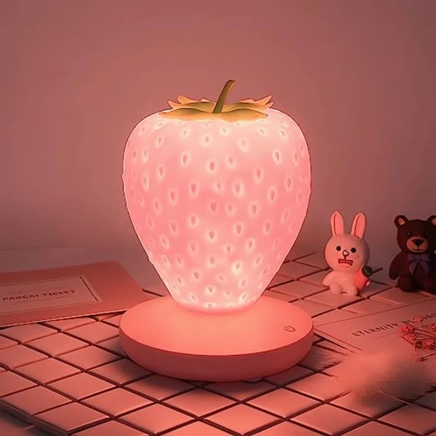Strawberry Night Light Decor- LED Cute Silicone Strawberry Lamp - USB Rechargeable - 3 Modes Touch Bedside Color Changing Lamp