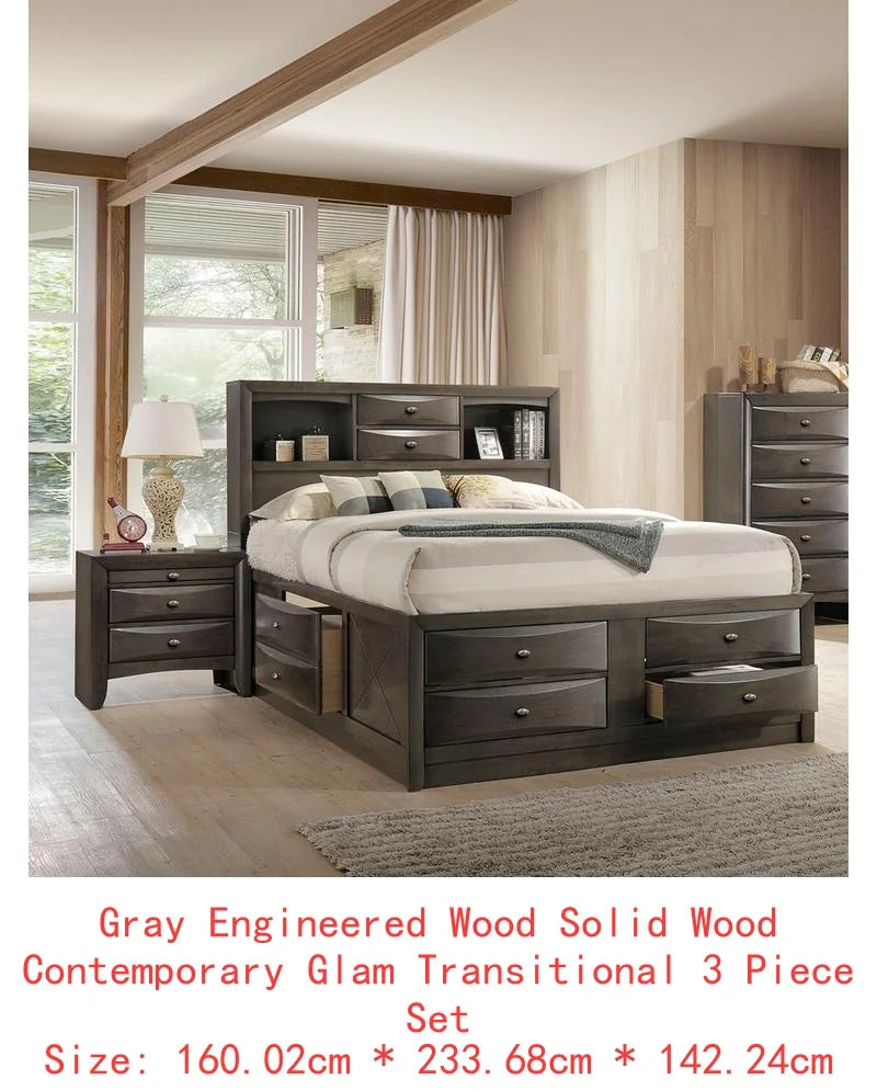 Contemporary King Size Bed with Footboard Drawers & Headboard Bookcase in Cherry Finish