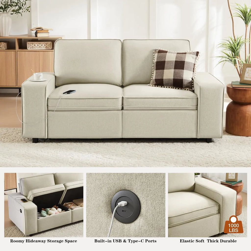 Modern 2-Seat Sofa with Storage, Side Pockets, and USB Charging Ports for Living Room and Office