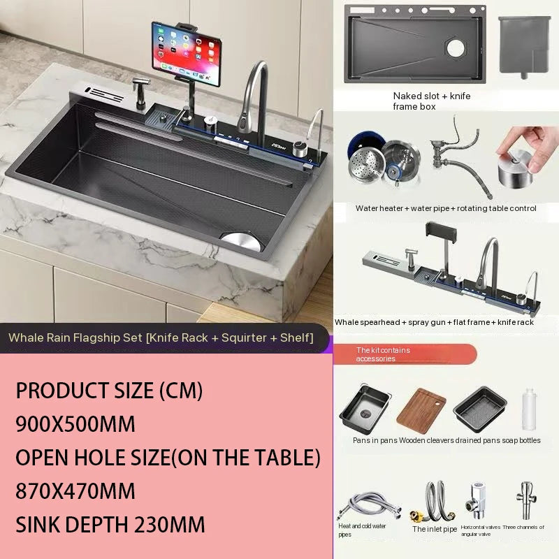 Gold 5mm Waterfall Kitchen Sink/ Honeycomb Technology Large Digital Display Stainless Steel Sink