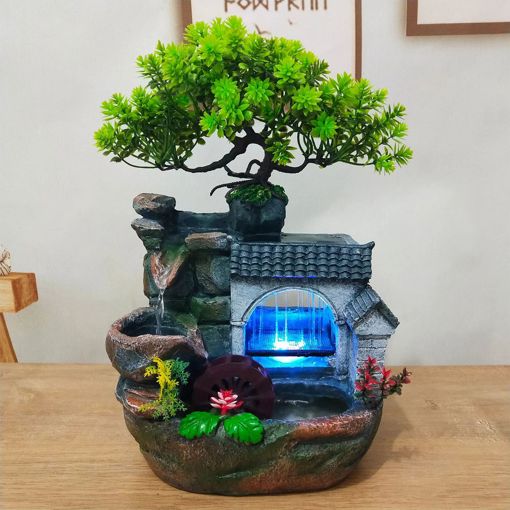 Tabletop Water Fountain with LED Light, Desktop Ornaments Resin Rockery Ornament for Office/ Living Room/ Desk Decor