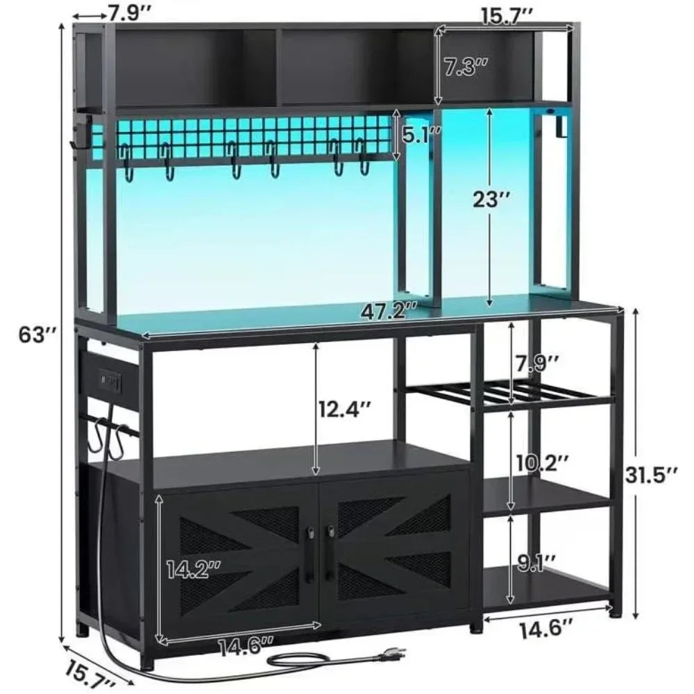 47.2 Inch Bakers Rack with Power Outlet, Microwave Stand with Storage, Farmhouse Coffee Bar Cabinet Station with Wine Rack
