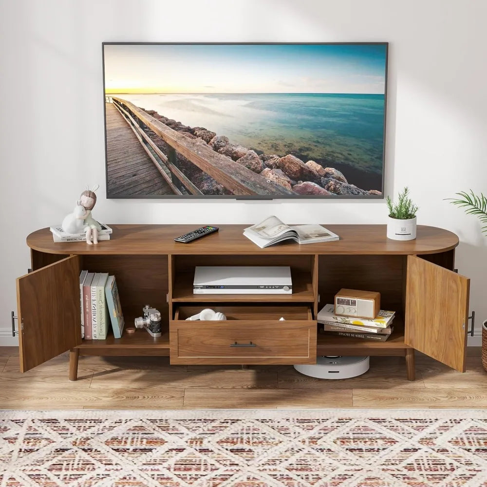 70" Fluted TV Stand for Tvs up to 80", Mid-Century Modern Entertainment Center with Drawers and Fluted Doors,
