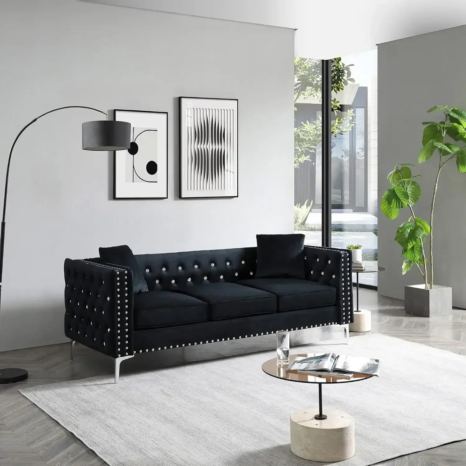 Black Velvet Upholstered Living Room Furniture Set-2-Piece,Including 3-Seater Sofa and Loveseat with Jeweled Buttons
