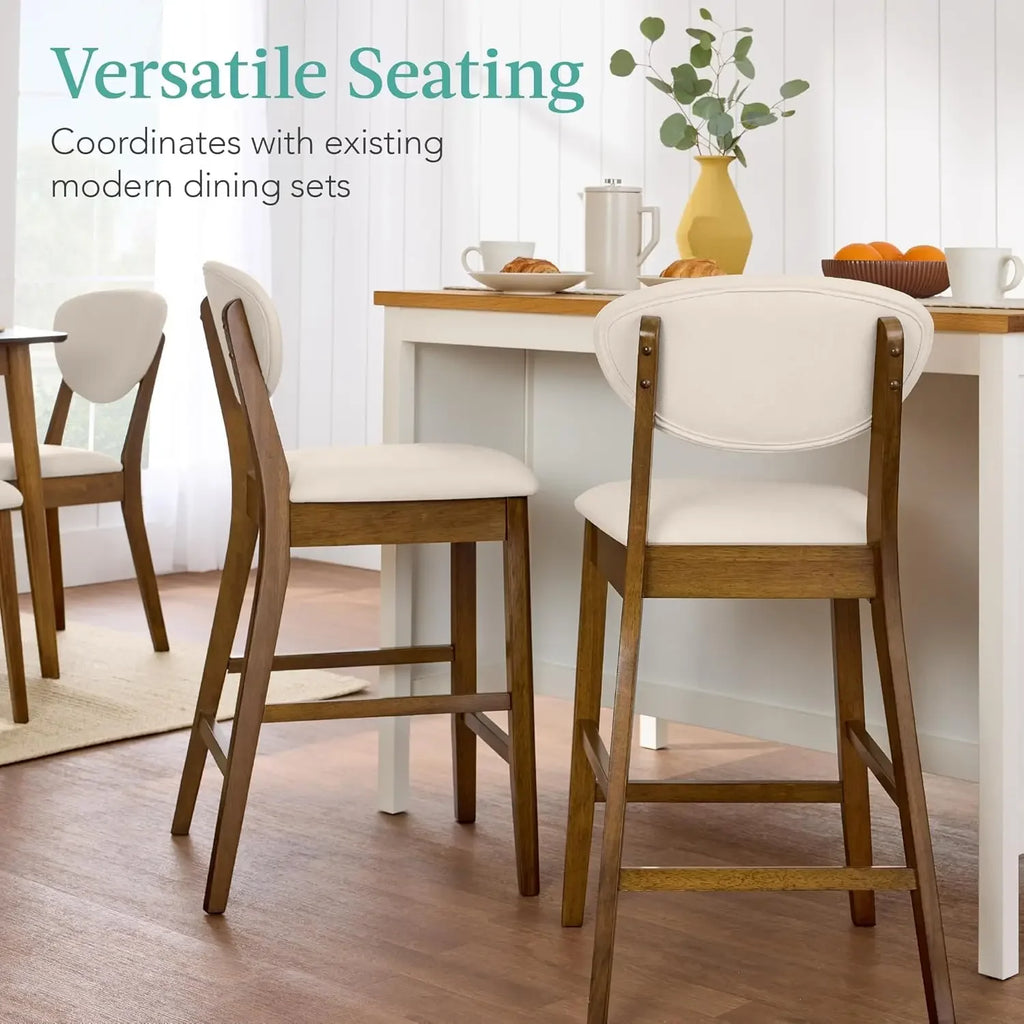 Bar Stool Set of 2, Mid-Century Modern Upholstered Wood, Armless Counter Height w/Seat Cushion, Backrest - Walnut/Cream
