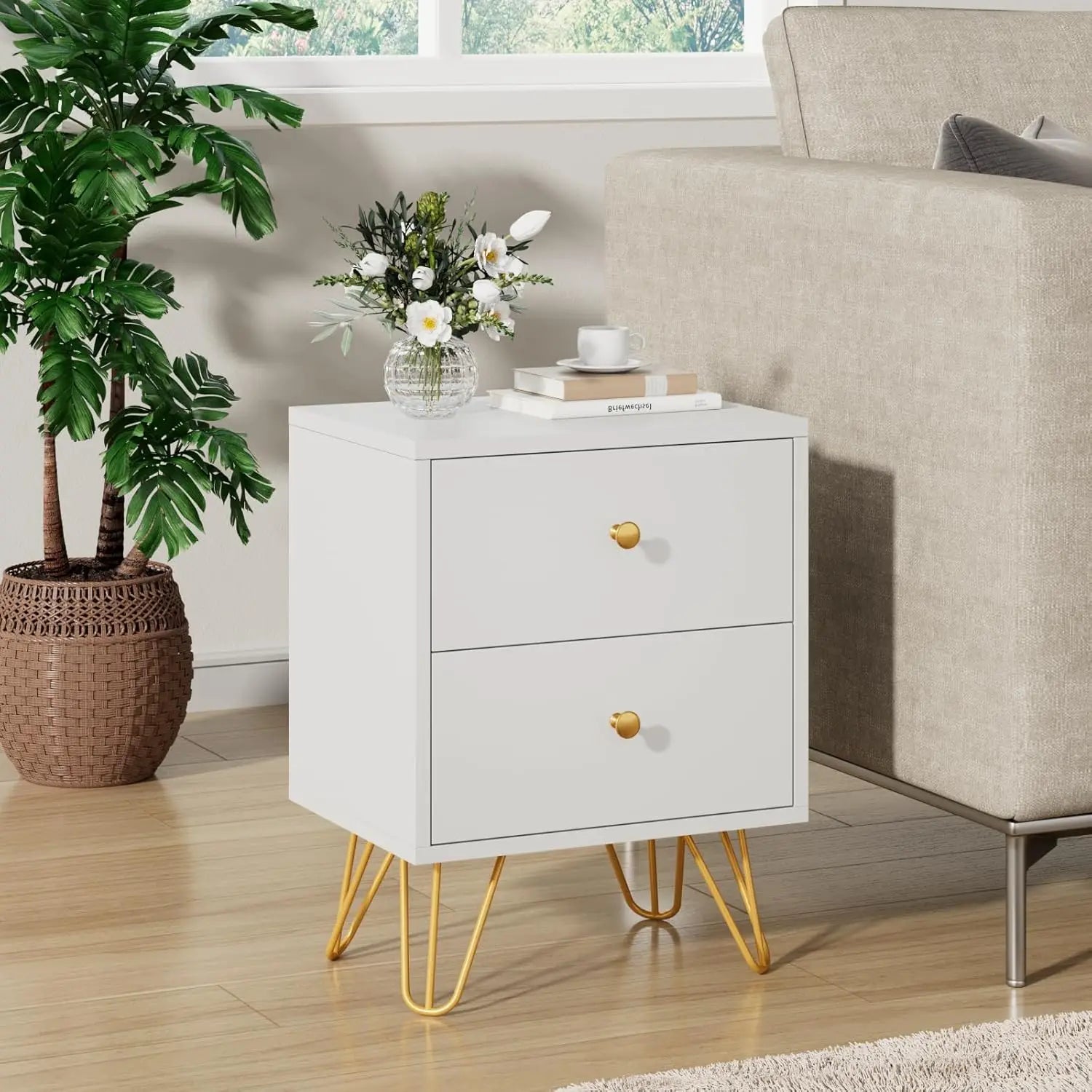 Nightstand Set of 2,, Bedside Table with 2 Drawers, Dual Night Stand Metal Legs and Knobs