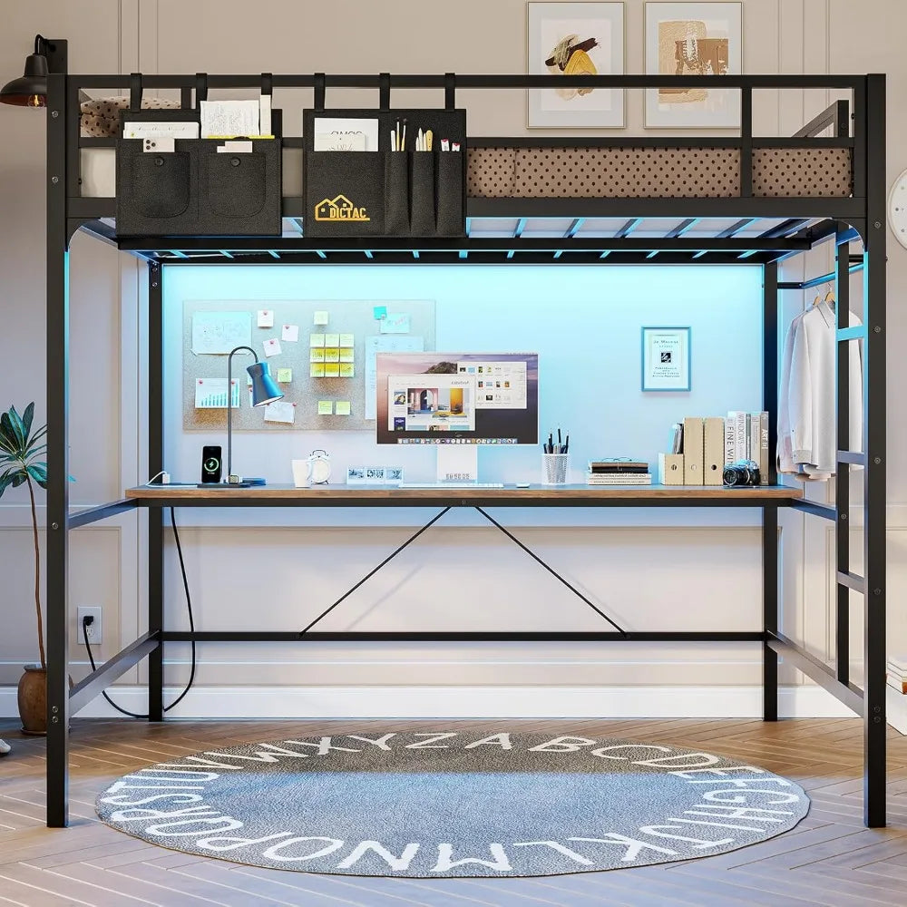 Full-Size Metal Loft Bed with Desk, LED Lighting, and Charging Station