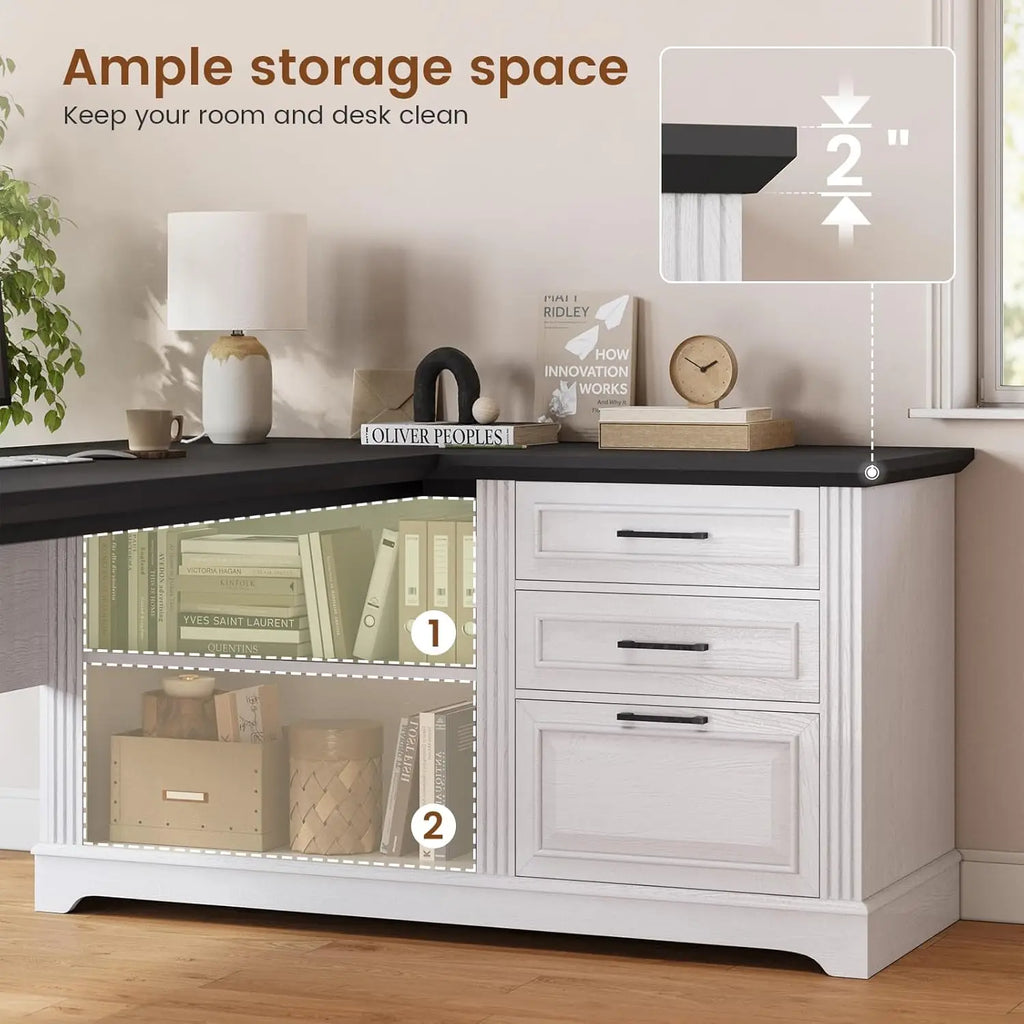 Farmhouse 61" Executive L Shaped Desk, Home Office Desk with File Drawers, Computer Desk with Power Outlets and Storage Shelves