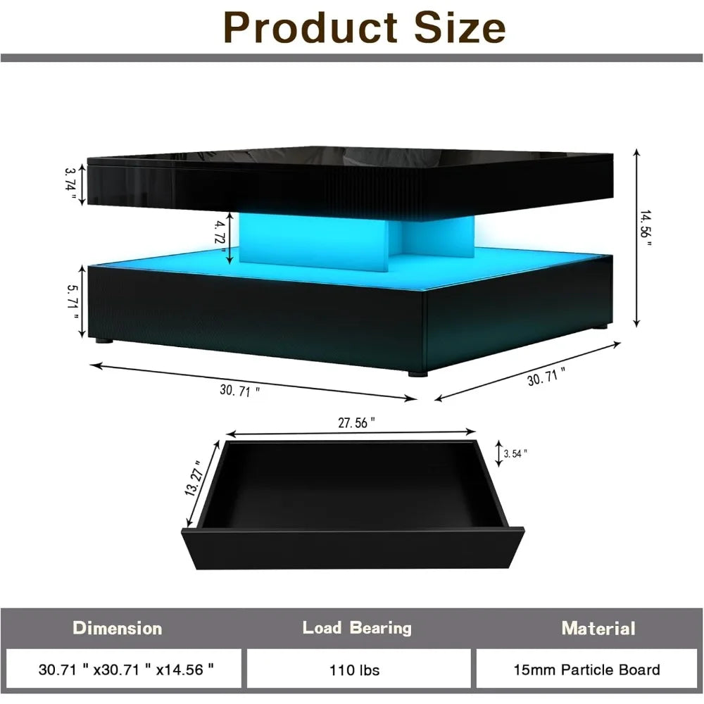 LED Coffee Table for Living Room with Storage - High Glossy Modern White Center Table with 2 Drawers, Square Wooden Middle Table