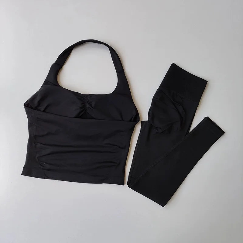Yoga Pants High-Waisted Tummy-Control Hip-Lifting Sports Suit/ Women's Push-Up Shockproof Halter Neck Back-Slimming Fitness Set