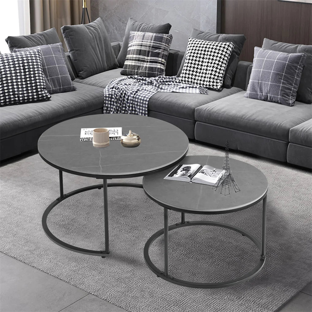 Modern Nesting Round Grey Marble Top Coffee Table Set/ Sintered Stone Table/ Metal Legs Home Furniture