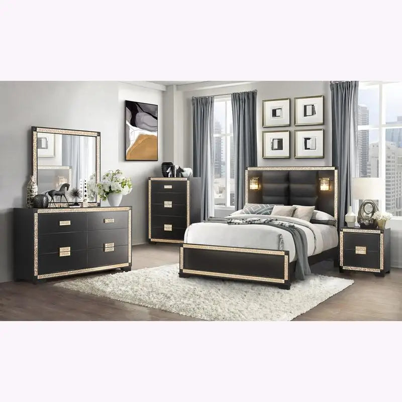 Full Bed Set in Black and Gold with Lamps
