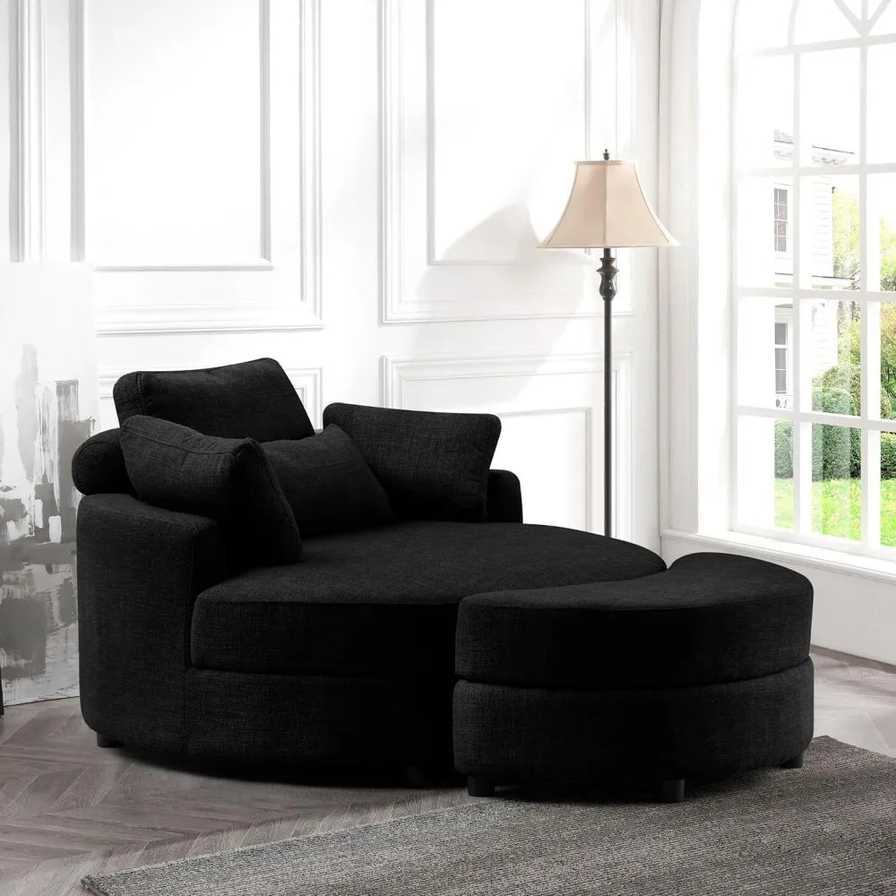Linen Fabric Upholstered Oversized Round Armchair with Storage Ottoman, Headrest, and 4 Pillows