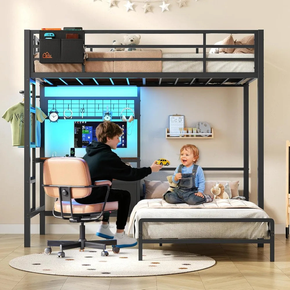 Metal L-Shaped Twin over Twin Bunk Bed with Desk, LED Lighting, and Charging Station