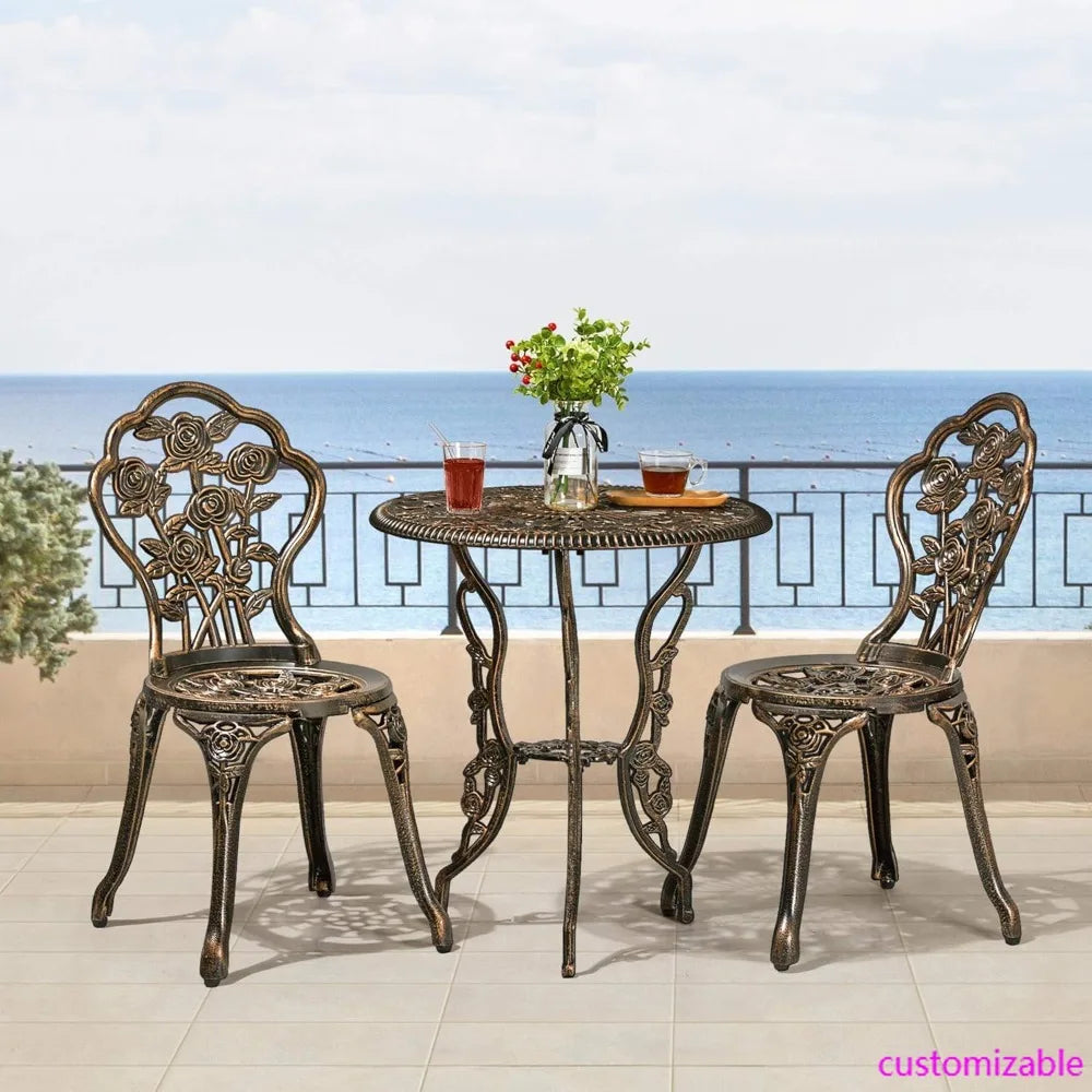 3-Piece Outdoor Bistro Set w/Rose Design, Rust-Resistant Cast Aluminum Table and Chairs w/Umbrella Hole for Balcony, Backyard, Garden
