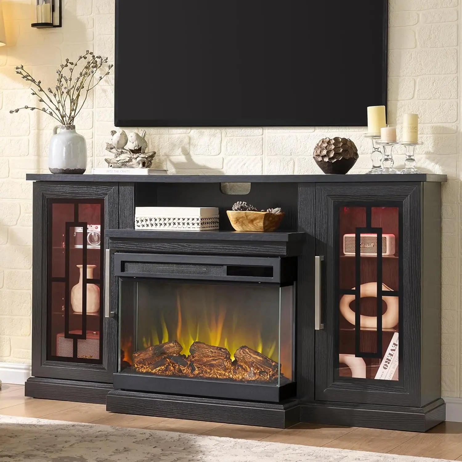Modern 75" Electric Fireplace TV Stand 3-Sided Glass LED Media Entertainment Center Console Table for TVs up to 80/85"
