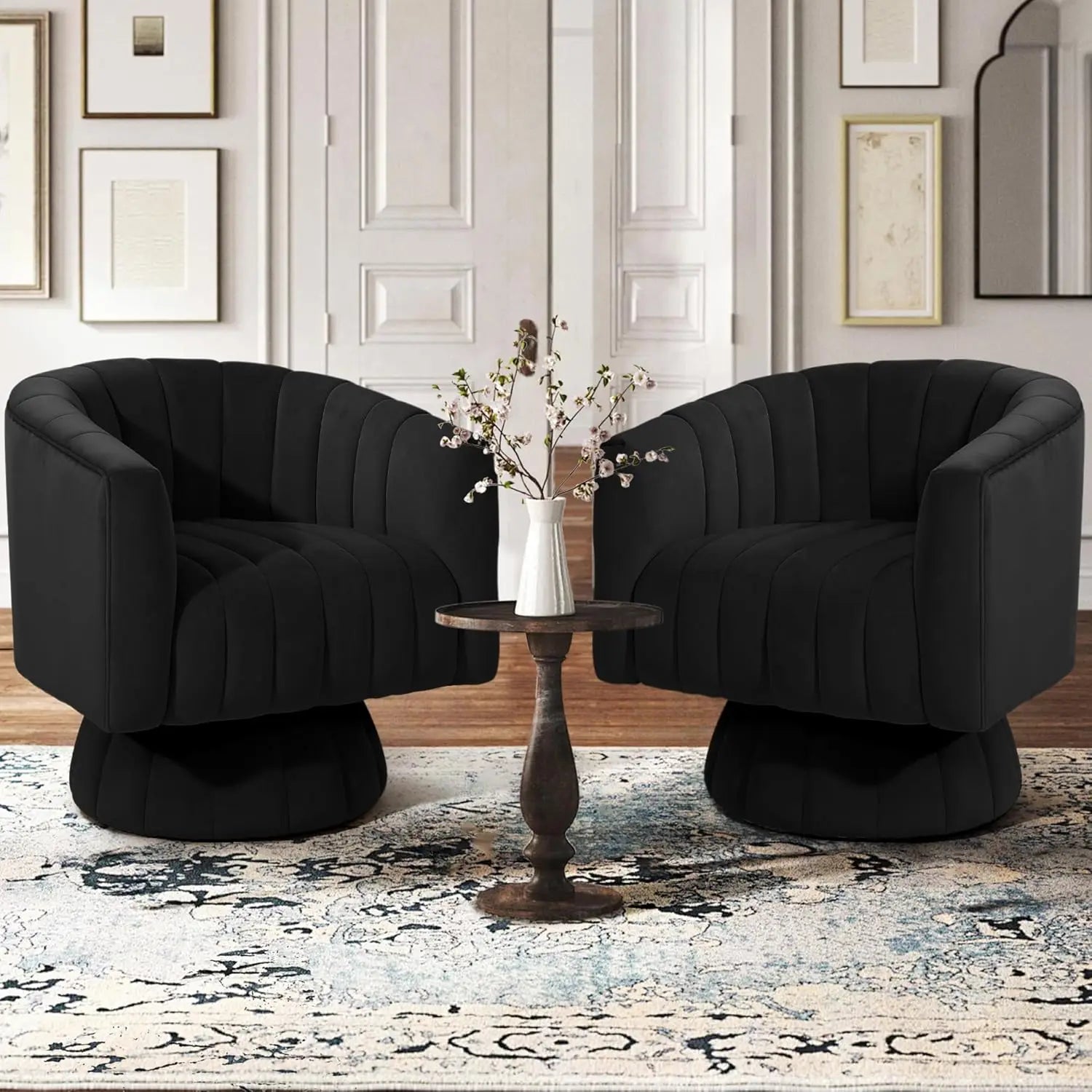 360° Swivel Accent Chair with Armrest Set of 2 Mid Century Tufted Velvet for Living Room/ Bedroom /Reading/ Beige